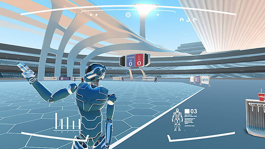 In der Virtual Reality Simulation CyberSoccer schlüpft man in die Rolle eines humanoiden Roboters in einem Fußballspiel.