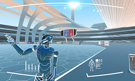 In der Virtual Reality Simulation CyberSoccer schlüpft man in die Rolle eines humanoiden Roboters in einem Fußballspiel.