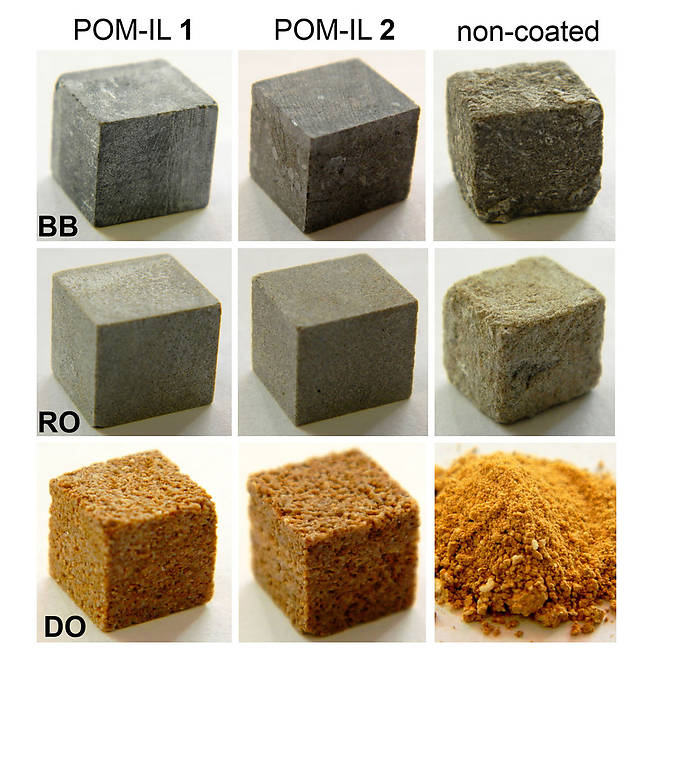 Die Wissenschaftler haben verschiedene Gesteinsproben (BB, RO, DO) mit POM-IL1 oder POM-IL2 beschichtet und mit Essigsäure bedampft.